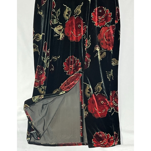 Worthington Velvet Burnout Midi Dress 12 Petite Black Red Roses Square Neck Slit - Picture 5 of 9